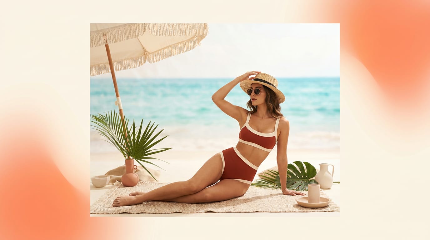 Uśmiechnięta kobieta w stylowym bikini w stylu retro na słonecznej plaży.