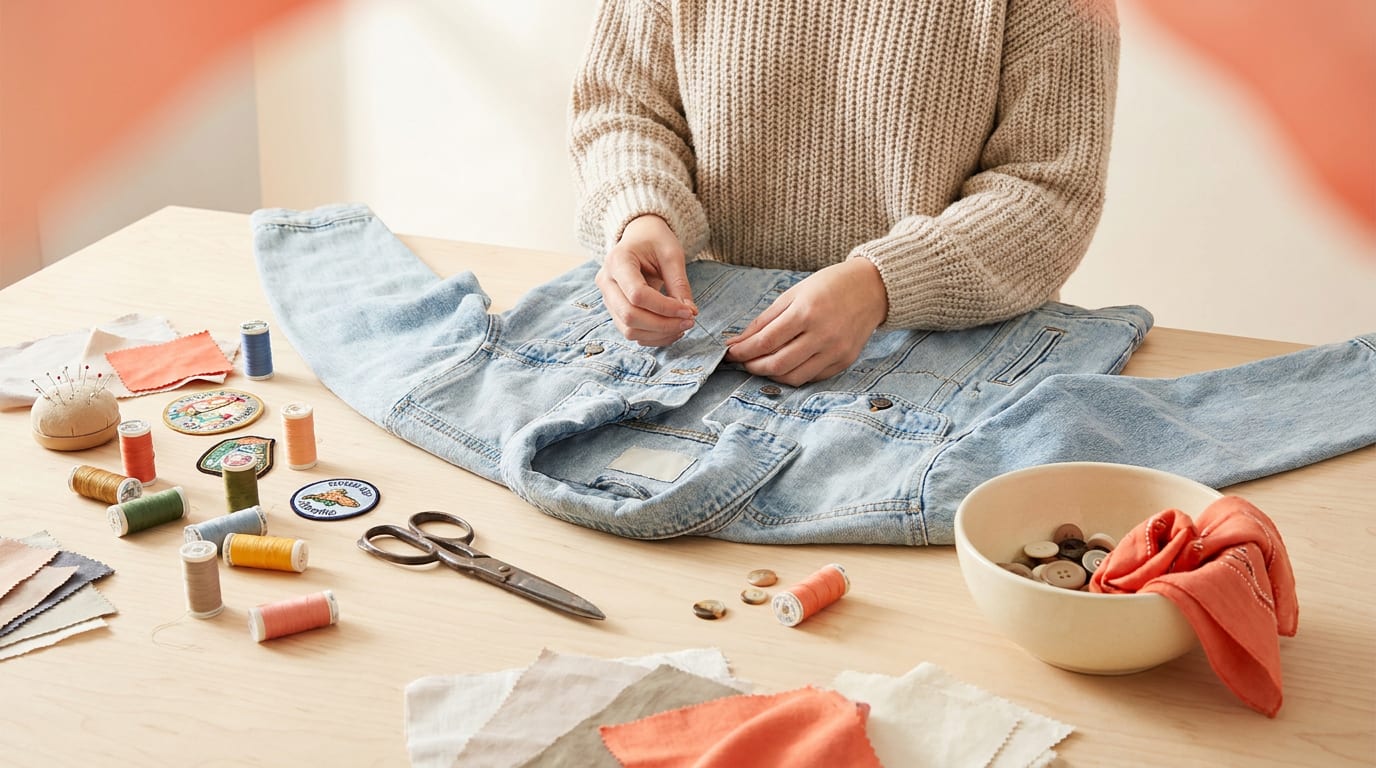 Kobieta przerabia kurtkę jeansową, dodając do niej naszywki. Na stole widać nożyczki i kolorowe nici, co symbolizuje upcycling i modę DIY.