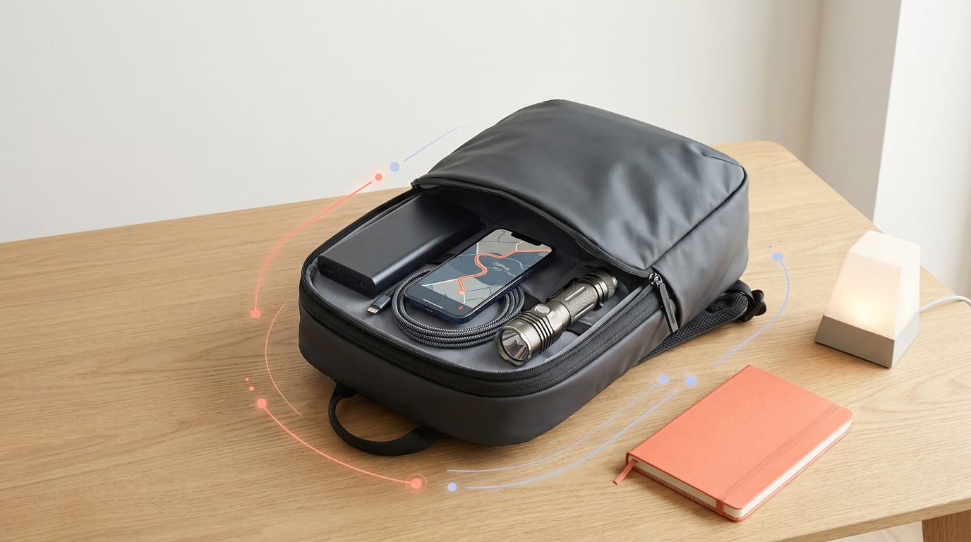 Nowoczesny plecak z gadżetami na sytuacje kryzysowe: powerbank, smartfon z mapą i latarka.