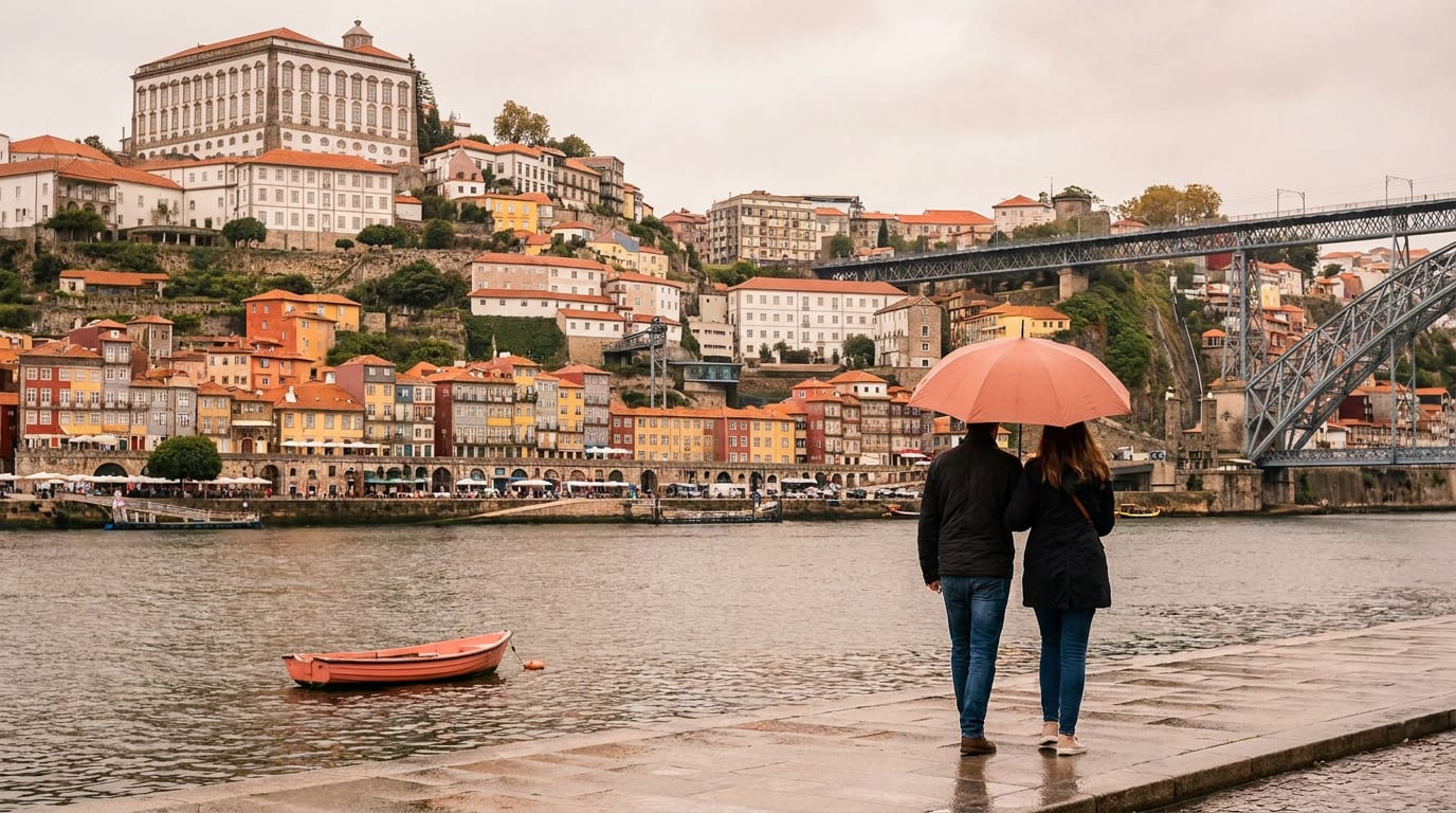 Kolorowe kamienice nad rzeką Douro w Porto w pochmurny dzień, w tle most Ludwika I.