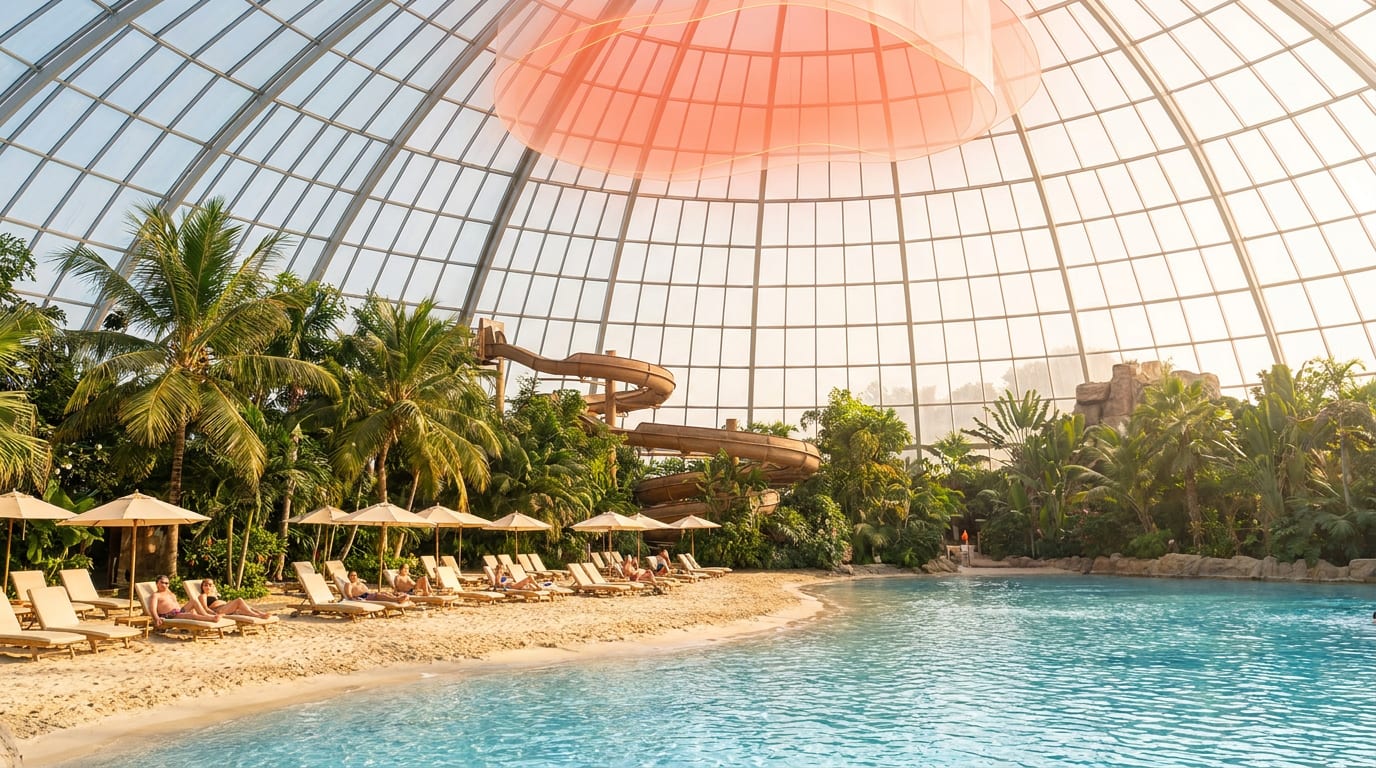 Wnętrze tropikalnego parku wodnego z palmami, piaszczystą plażą i basenem.
