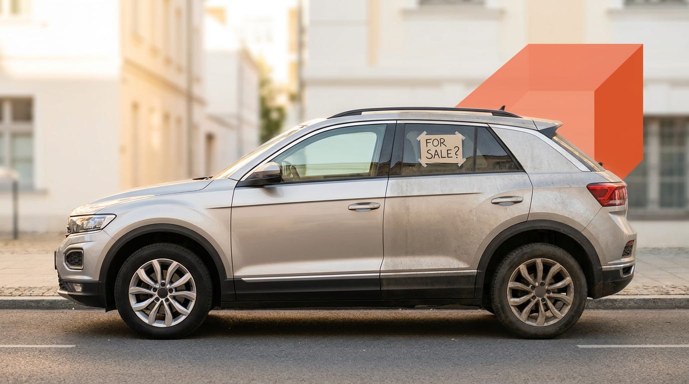 Używany SUV stojący na ulicy z widocznym podziałem na część czystą i brudną, symbolizującym dylemat przy zakupie.