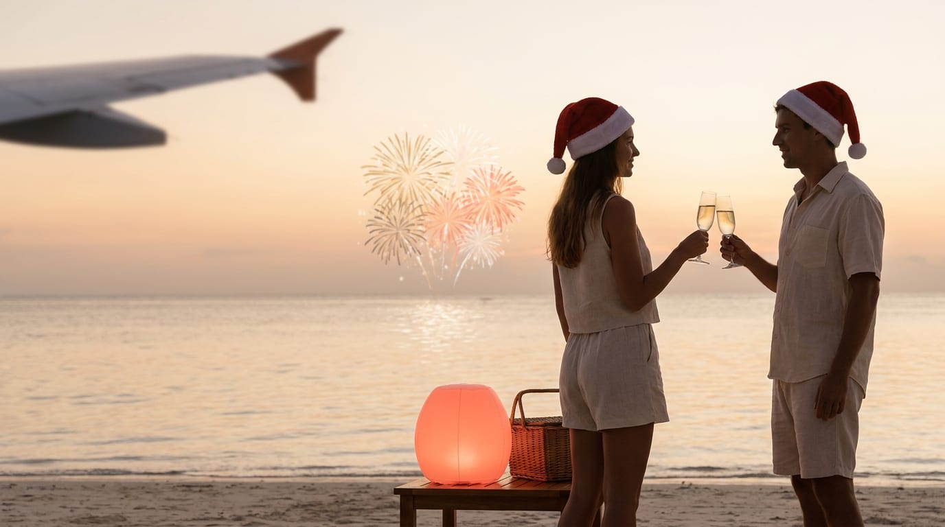 Dwie osoby w czapkach mikołaja wznoszą toast na plaży w sylwestrową noc, w tle widać fajerwerki nad morzem.