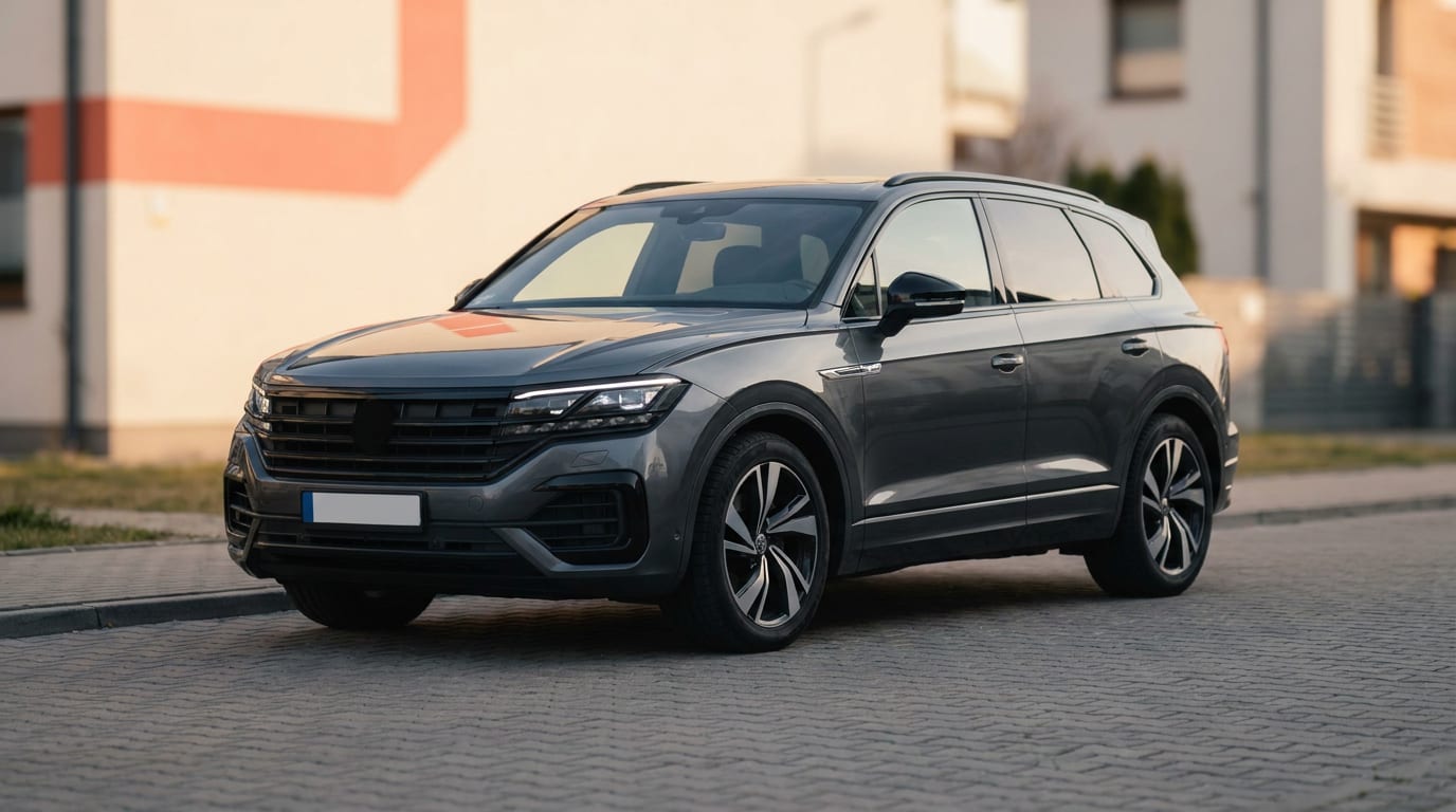 Nowoczesny, szary SUV zaparkowany na ulicy.