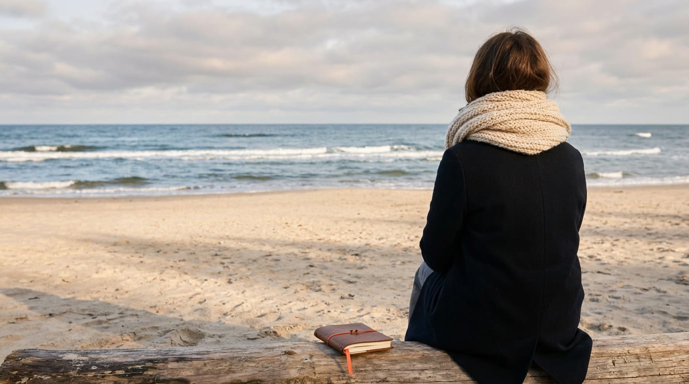 Pusta plaża nad Bałtykiem jesienią, widok na morze i zamyśloną osobę w ciepłym szaliku.