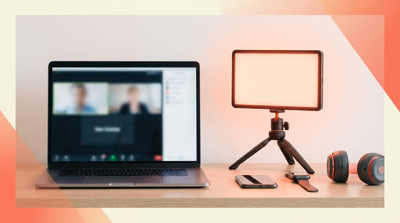 Nowoczesne biurko z laptopem i lampą LED do wideokonferencji