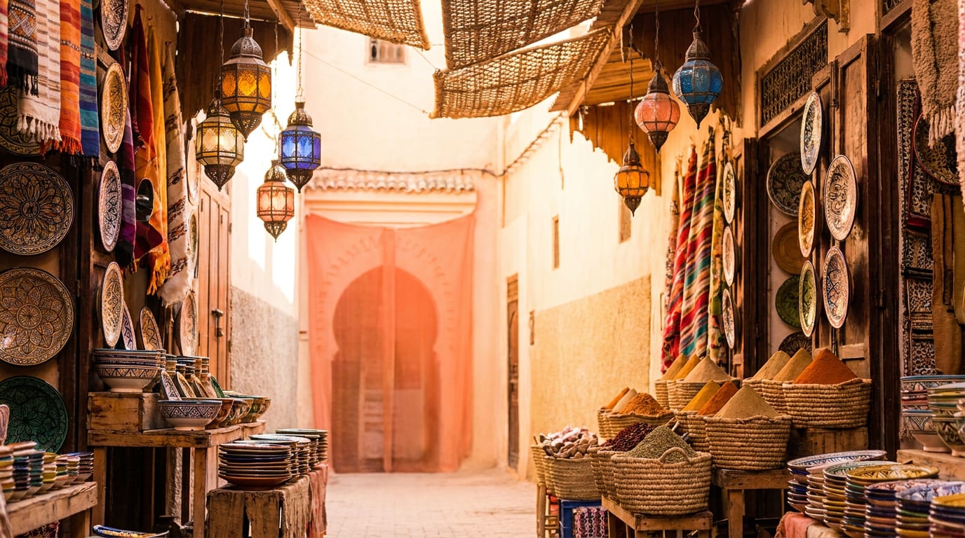 Kolorowy targ (souk) w Marrakeszu o zachodzie słońca, z lampionami, przyprawami i ceramiką.