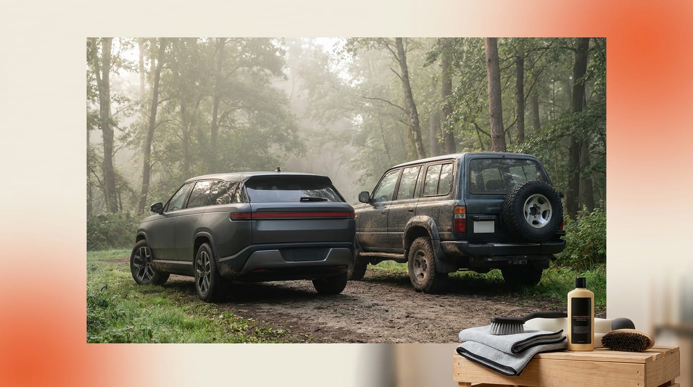 Porównanie tyłu nowoczesnego SUV-a bez koła zapasowego i klasycznej terenówki z kołem na klapie bagażnika.