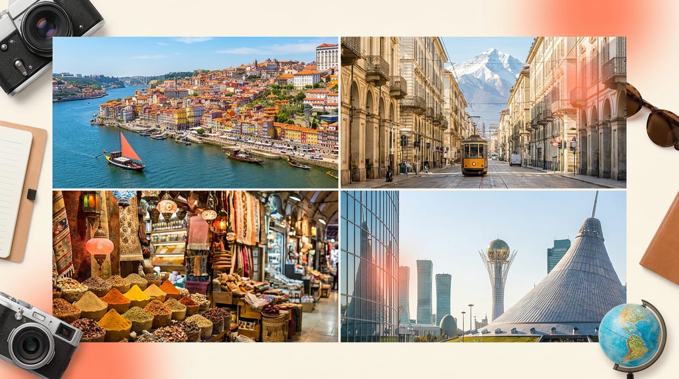 Kolaż zdjęć z czterech różnych miast: słoneczne Porto, alpejski Turyn, orientalny Stambuł i futurystyczna Astana.