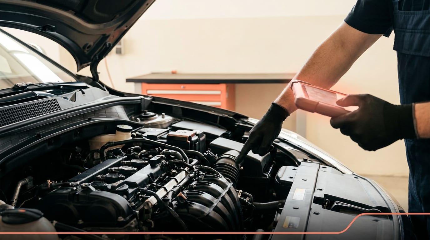 Mechanik diagnozujący awarię silnika w nowoczesnym samochodzie.