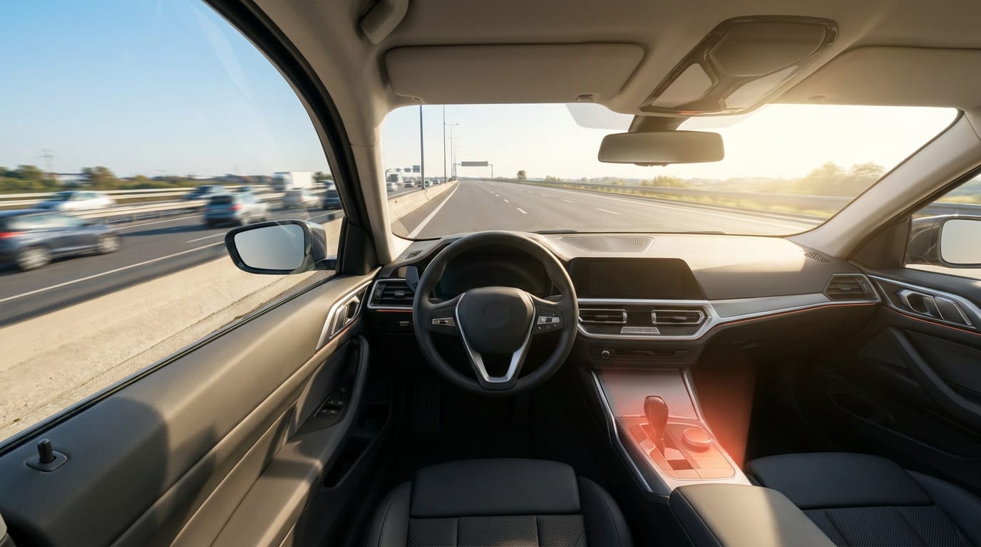 Widok z perspektywy kierowcy na pas rozbiegowy prowadzący na autostradę w słoneczny dzień.