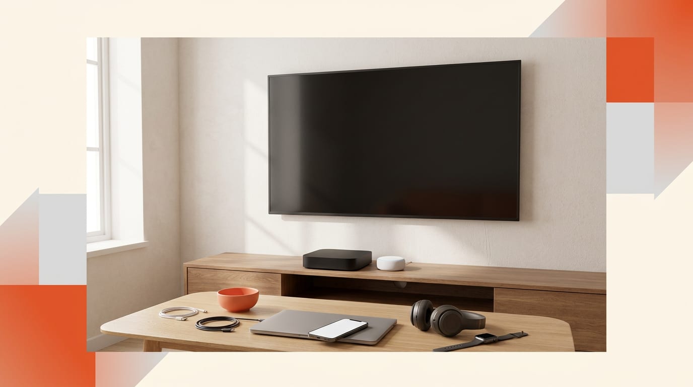 Dwie przystawki Smart TV, droższa i tańsza, leżące obok telewizora w nowoczesnym salonie.