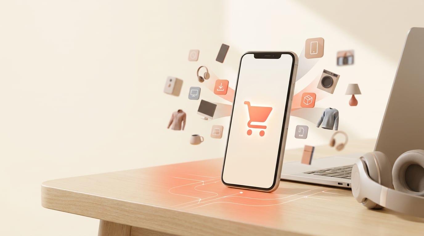 Smartfon z ikoną koszyka na zakupy, do którego wpadają produkty z różnych sklepów internetowych.