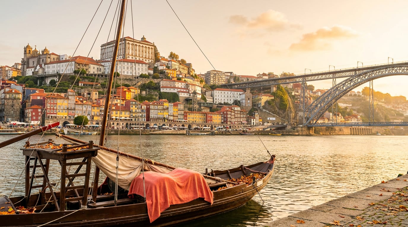 Kolorowe kamienice nad rzeką Douro w dzielnicy Ribeira w Porto, w tle widać most Dom Luís I.